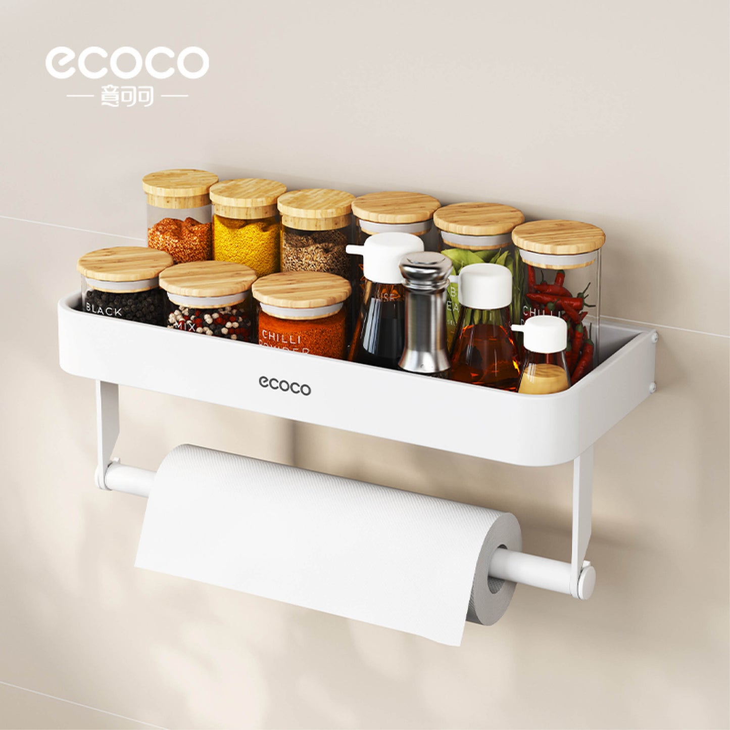 Nástěnný stojan na koření s držákem na papírové utěrky